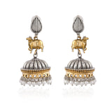 Dome Jhumka Pearl Drop Dual Tone Earrings - Antique Elegance