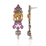 Gaja Pink Stone Dangler Dual Tone Earrings - Antique Elegance