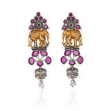Gaja Pink Stone Dangler Dual Tone Earrings - Antique Elegance
