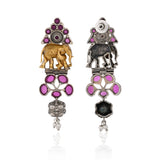 Gaja Pink Stone Dangler Dual Tone Earrings - Antique Elegance