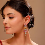 Gaja Pink Stone Dangler Dual Tone Earrings - Antique Elegance