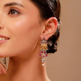 Gaja Pink Stone Dangler Dual Tone Earrings - Antique Elegance