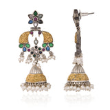Green Stone Floral Jhumka Pearl Drop Earrings - Antique Elegance