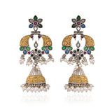 Green Stone Floral Jhumka Pearl Drop Earrings - Antique Elegance