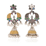 Green Stone Floral Jhumka Pearl Drop Earrings - Antique Elegance