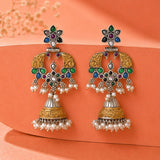 Green Stone Floral Jhumka Pearl Drop Earrings - Antique Elegance