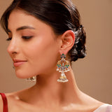 Green Stone Floral Jhumka Pearl Drop Earrings - Antique Elegance