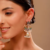 Green Stone Floral Jhumka Pearl Drop Earrings - Antique Elegance