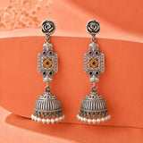 Rose Stud Long Jhumka Pearl Drop Earrings - Antique Elegance