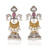 Pink Stone Pearl Drop Jhumka Silver Gold- Antique Elegance