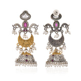 Pink Stone Pearl Drop Jhumka Silver Gold- Antique Elegance