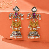 Pink Stone Pearl Drop Jhumka Silver Gold- Antique Elegance