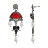 Ruby Red Stone Chandbali Pearl Drop Earrings - Antique Elegance