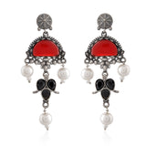 Ruby Red Stone Chandbali Pearl Drop Earrings - Antique Elegance