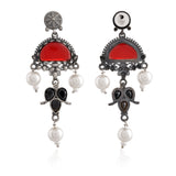 Ruby Red Stone Chandbali Pearl Drop Earrings - Antique Elegance