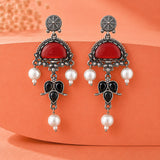 Ruby Red Stone Chandbali Pearl Drop Earrings - Antique Elegance