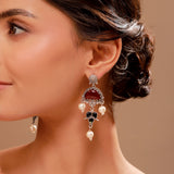 Ruby Red Stone Chandbali Pearl Drop Earrings - Antique Elegance