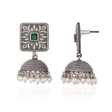 Green Stone Square Stud Jhumka Oxidised Silver Tone - Antique Elegance