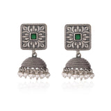 Green Stone Square Stud Jhumka Oxidised Silver Tone - Antique Elegance