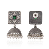 Green Stone Square Stud Jhumka Oxidised Silver Tone - Antique Elegance