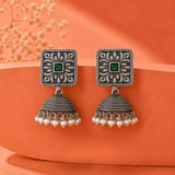 Green Stone Square Stud Jhumka Oxidised Silver Tone - Antique Elegance