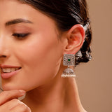 Green Stone Square Stud Jhumka Oxidised Silver Tone - Antique Elegance