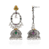 Oxidised Chandbali Jhumka Earrings with Green Stone & Pearl Danglers- Antique Elegance