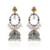 Oxidised Chandbali Jhumka Earrings with Green Stone & Pearl Danglers- Antique Elegance