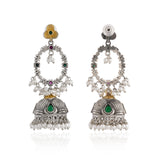 Oxidised Chandbali Jhumka Earrings with Green Stone & Pearl Danglers- Antique Elegance