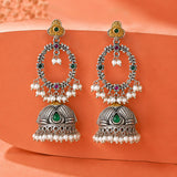 Oxidised Chandbali Jhumka Earrings with Green Stone & Pearl Danglers- Antique Elegance