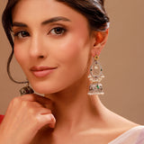 Oxidised Chandbali Jhumka Earrings with Green Stone & Pearl Danglers- Antique Elegance