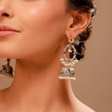 Oxidised Chandbali Jhumka Earrings with Green Stone & Pearl Danglers- Antique Elegance