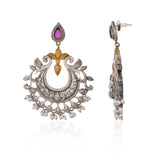 Chandbali Earrings, Silver Oxidised Pink Stone Earring - Antique Elegance