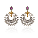 Chandbali Earrings, Silver Oxidised Pink Stone Earring - Antique Elegance