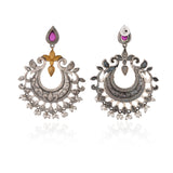 Chandbali Earrings, Silver Oxidised Pink Stone Earring - Antique Elegance