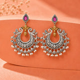 Chandbali Earrings, Silver Oxidised Pink Stone Earring - Antique Elegance