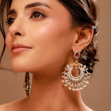 Chandbali Earrings, Silver Oxidised Pink Stone Earring - Antique Elegance