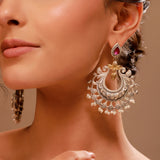 Chandbali Earrings, Silver Oxidised Pink Stone Earring - Antique Elegance
