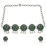 Oxidised Green Stone Floral Choker Necklace Set with Earrings - Antique Elegance