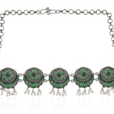Oxidised Green Stone Floral Choker Necklace Set with Earrings - Antique Elegance