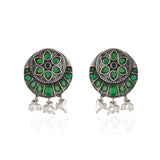 Oxidised Green Stone Floral Choker Necklace Set with Earrings - Antique Elegance