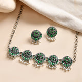 Oxidised Green Stone Floral Choker Necklace Set with Earrings - Antique Elegance