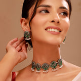 Oxidised Green Stone Floral Choker Necklace Set with Earrings - Antique Elegance
