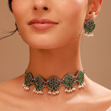 Oxidised Green Stone Floral Choker Necklace Set with Earrings - Antique Elegance