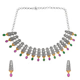 Oxidised Short Necklace Set with Multicolor Bead Earrings- Antique Elegance