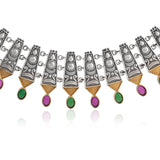 Oxidised Short Necklace Set with Multicolor Bead Earrings- Antique Elegance
