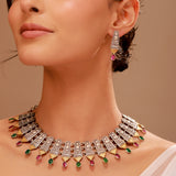 Oxidised Short Necklace Set with Multicolor Bead Earrings- Antique Elegance