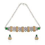 Oxidised Silver Choker & Earrings Set with Green Stone - Antique Elegance