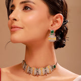 Oxidised Silver Choker & Earrings Set with Green Stone - Antique Elegance