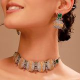 Oxidised Silver Choker & Earrings Set with Green Stone - Antique Elegance